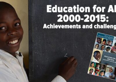 Education for All 200 - 215: Achievements and Challenges with a boy and a chalkboard and report cover