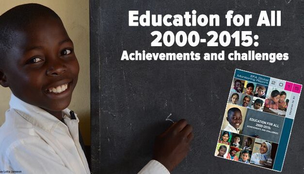 Education for All 200 - 215: Achievements and Challenges with a boy and a chalkboard and report cover