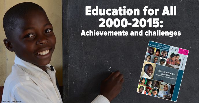 Education for All 200 - 215: Achievements and Challenges with a boy and a chalkboard and report cover