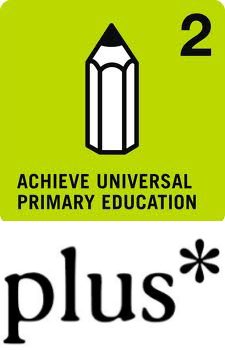 Achieve Universal Primary Education, an illustration of a pencil on a green back ground with a number two. Below that the world plus with an *