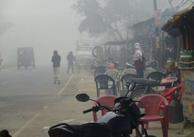 A street scene with polluted foggy air