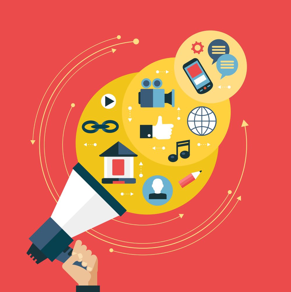 illustration of a hand holding a megaphone with different communication icons 