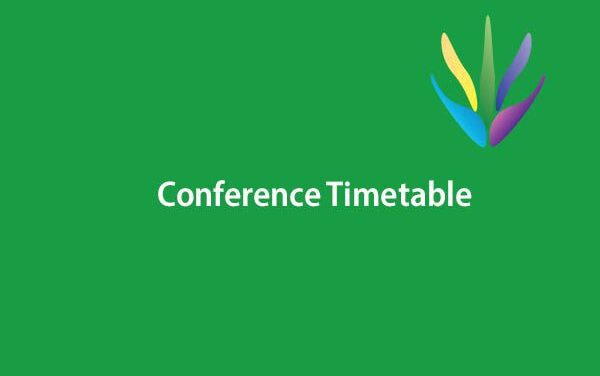 Conference Timetable in white writing on green background with UKFIET flower logo