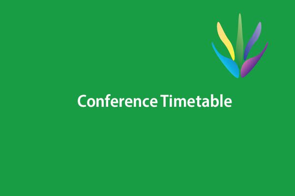 Conference Timetable in white writing on green background with UKFIET flower logo