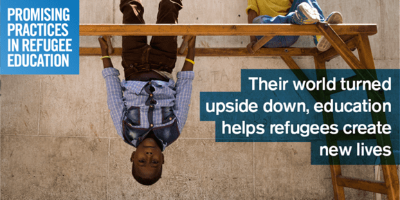 Child hanging upside down - Promising Practices in Refugee Education - Their world turned upside down, education helps refugees create new lives