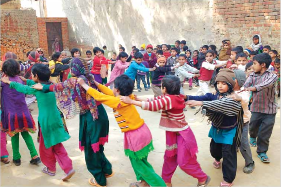 Children playing in a ring with their hands on the shoulders of the child in front