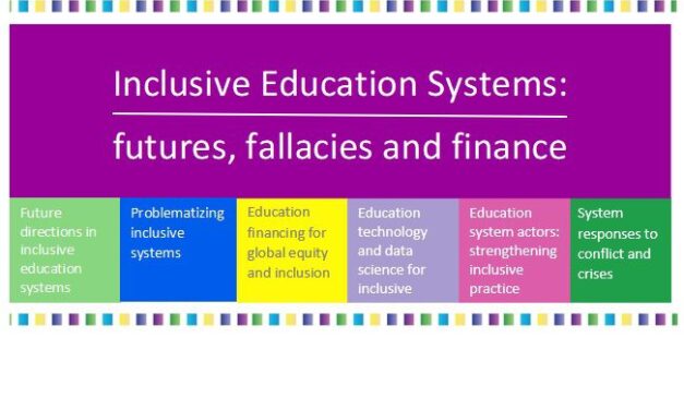 Inclusive Education Systems: futures, fallacies and finance. Future directions in inclusive education, Problematizing inclusive systems, Education financing for global equity and inclusion, Education Technology and data science for inclusive education , Education system actors: strengthening inclusive practice; System responses to conflict and crisis