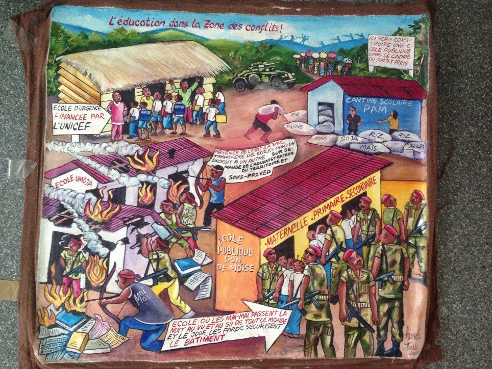 A painting L'education dans la zone des conflits! depicting houses being burned, soldiers in the school building, a teacher with pupils and a a store with sacks of flour and rice
