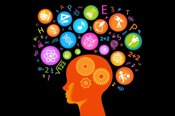 Brightly coloured illustration of an outline side view of a head with spheres above containing maths symbols, DNA sympol, globe, sport, telescope. This image used for Future Development theme of 2019 conference