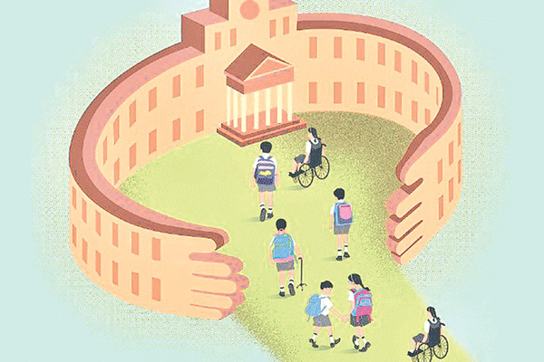Illustration of a "school" which is curved around with windows and either end of the curve are hands. Children walking into the curve, some using wheelchairs and some using walking sticks