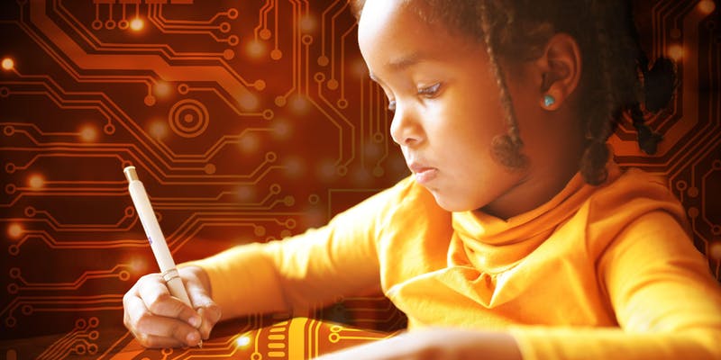 Girl holding a pen with the backdrop image of a circuit board