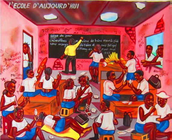 Illustration of L'Ecole D'aujord hui  A teacher writing on a blackboard in a classroom, with students not looking at  him but in groups, lying down, chatting, playing cards etc