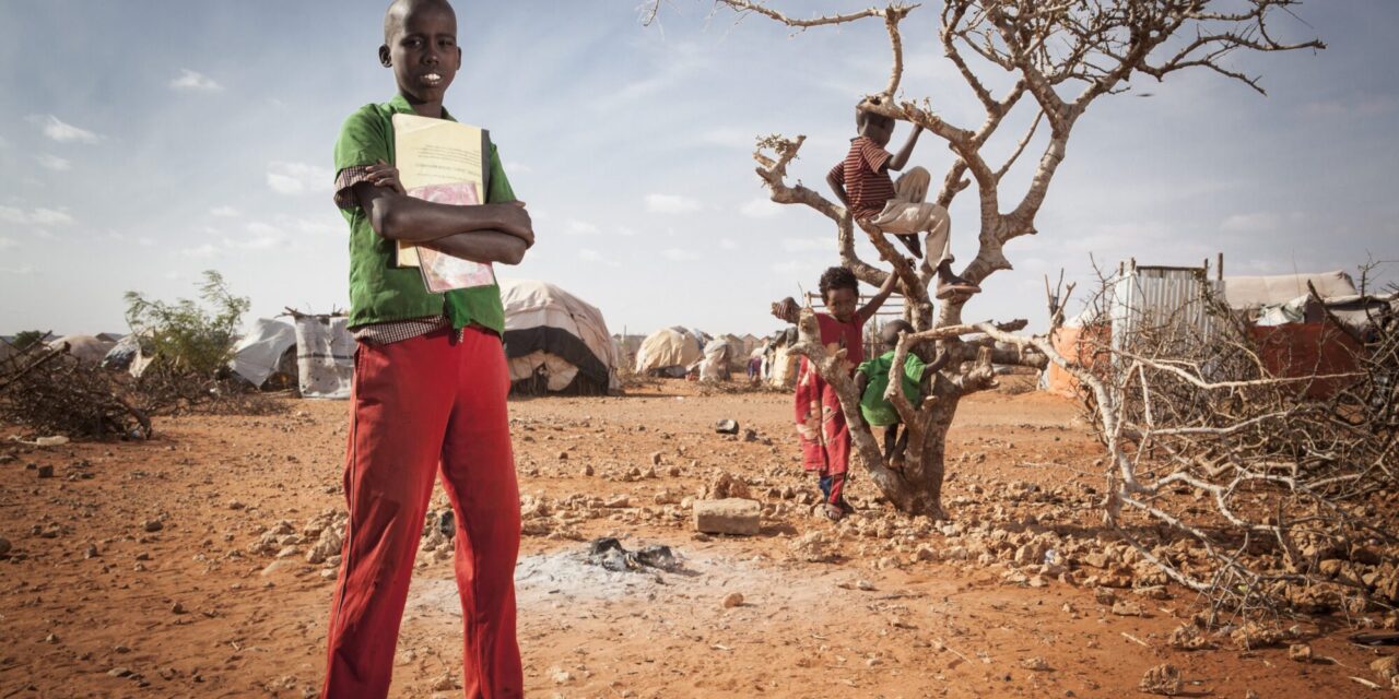 Ibrahim Hassan Ahmed, 14, standing in front of a tree