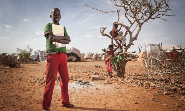 Ibrahim Hassan Ahmed, 14, standing in front of a tree