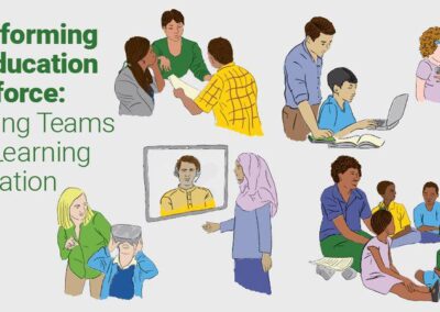 Transforming the the Education workforce: learing Teams for a learning generation.  Illustration of workers in different settings