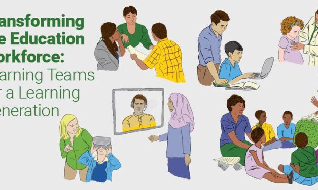 Transforming the the Education workforce: learing Teams for a learning generation.  Illustration of workers in different settings