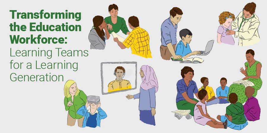 Transforming the the Education workforce: learing Teams for a learning generation.  Illustration of workers in different settings