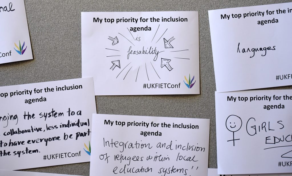 Various cards with My Top priority fr the inclusion agenda -- is feasibility, is integration and inclusion, is languages, is integration and inclusion of refugee within local education systems, changing the system to a collaborative , less individual to have have everyone part of the system