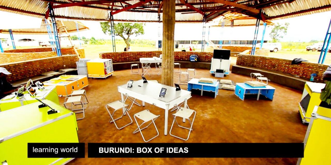 Learning World Burundi: Box of Ideas. Wheeled crate boxes which contained folding desks , chairs, laptops and other classroom equipment