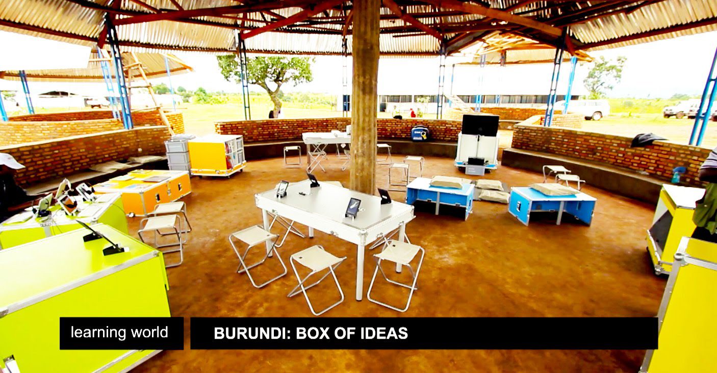 Learning World Burundi: Box of Ideas. Wheeled crate boxes which contained folding desks , chairs, laptops and other classroom equipment