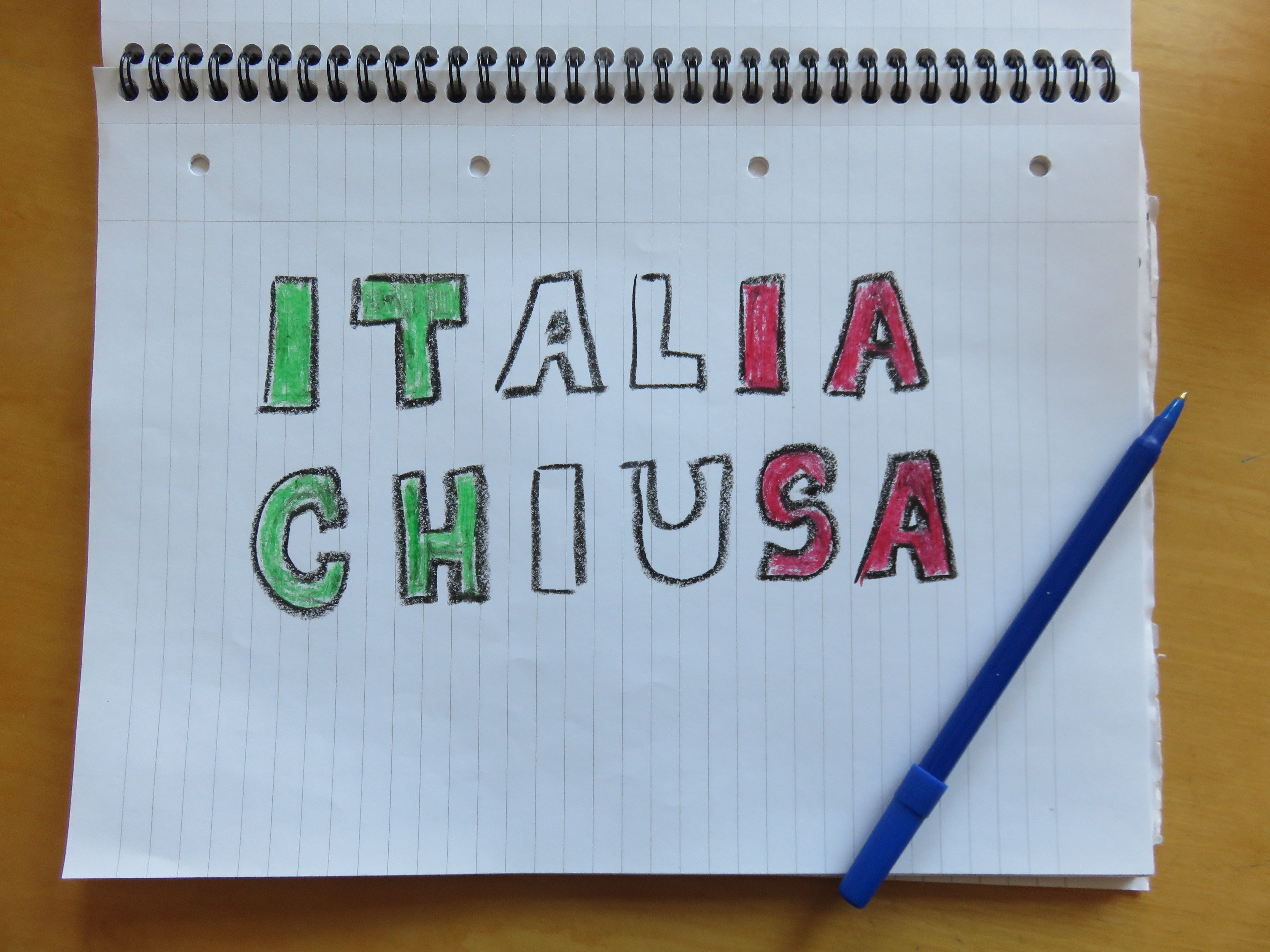 Italia Chiusa - drawn in an exercise book, and coloured in green red and white with crayon