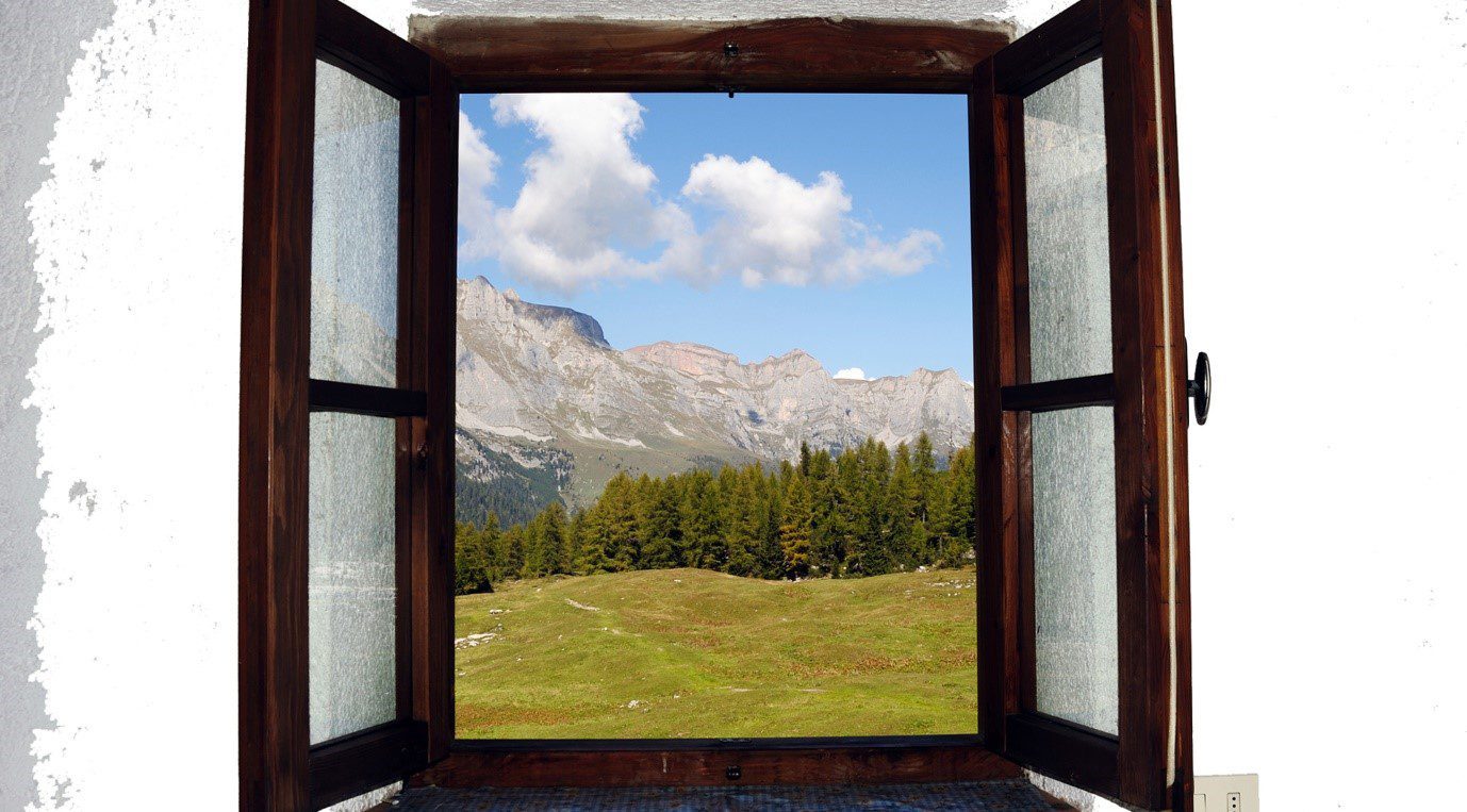pasture, trees and mountains through an open window