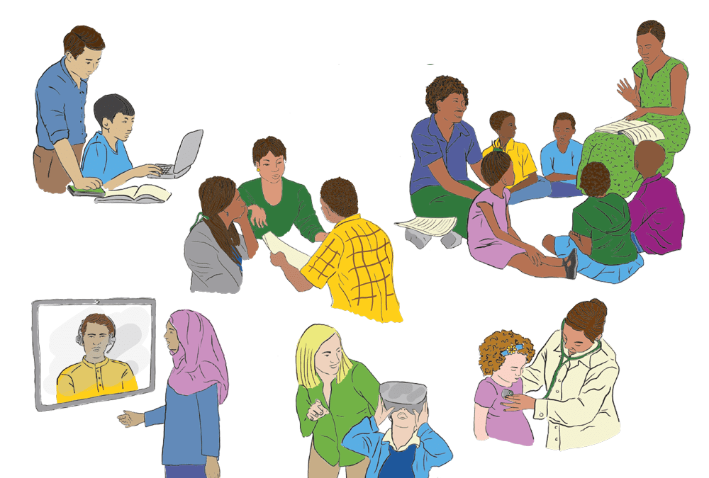 Illustration of groups of people learning remotely via computer, at home, with VR sets, in a group and a doctor listening to a child's chest with a stethoscope