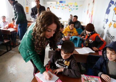 teacher marking work at desk with children in class