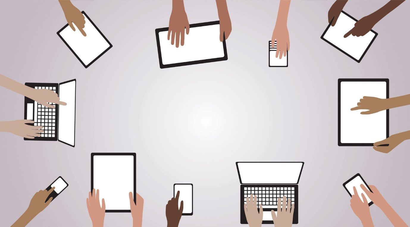 graphic of hands on laptops, mobile phones and tablets around a rectangular table