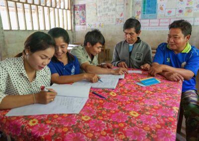 Teachers, the school principal and the village chief meet to discuss school finances and priorities. They are sitting around a table with a brightly coloured flowery cloth