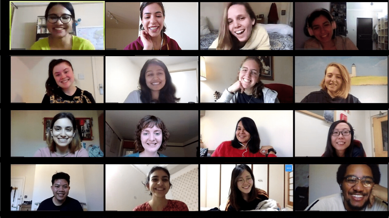 Zoom group call with faces of 16 people