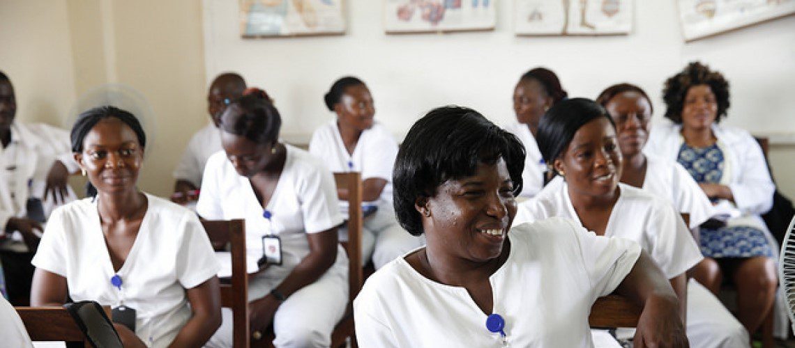Nurses listen to a training programme in Monrovia, Liberia