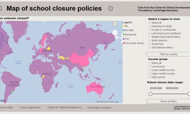 World map of School closure policies. Are Schools Closed? Majority shown purple - Yes. Australia, southern Asia and small part of Europe, Yes (some areas), very few not closed , very few reopened.