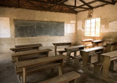 Empty desks and benches in a classroom