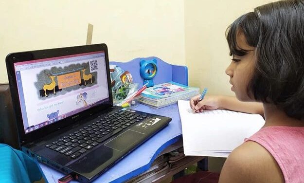 Girl working at home with a laptop computer