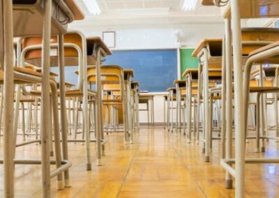 An empty classroom taken through table and chair legs at floor level