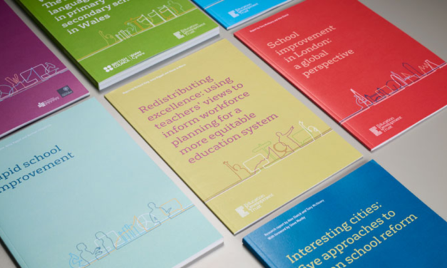 Reports with coloured covers arranged in a grid. Pale blue - Rapid School Improvement; Yellow - redistributing excellence: using teachers' views to inform workforce planning for a more equitable education system. Blue - interesting cities: Five approaches to school reform