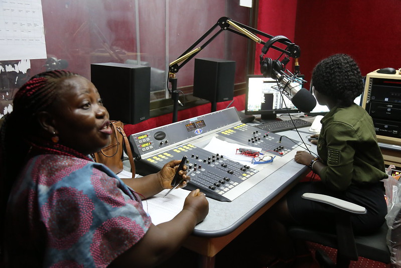 Radio studio with female presenter