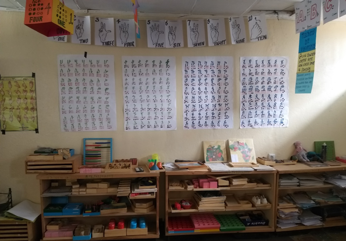 Classroom storage with posters on the wall
