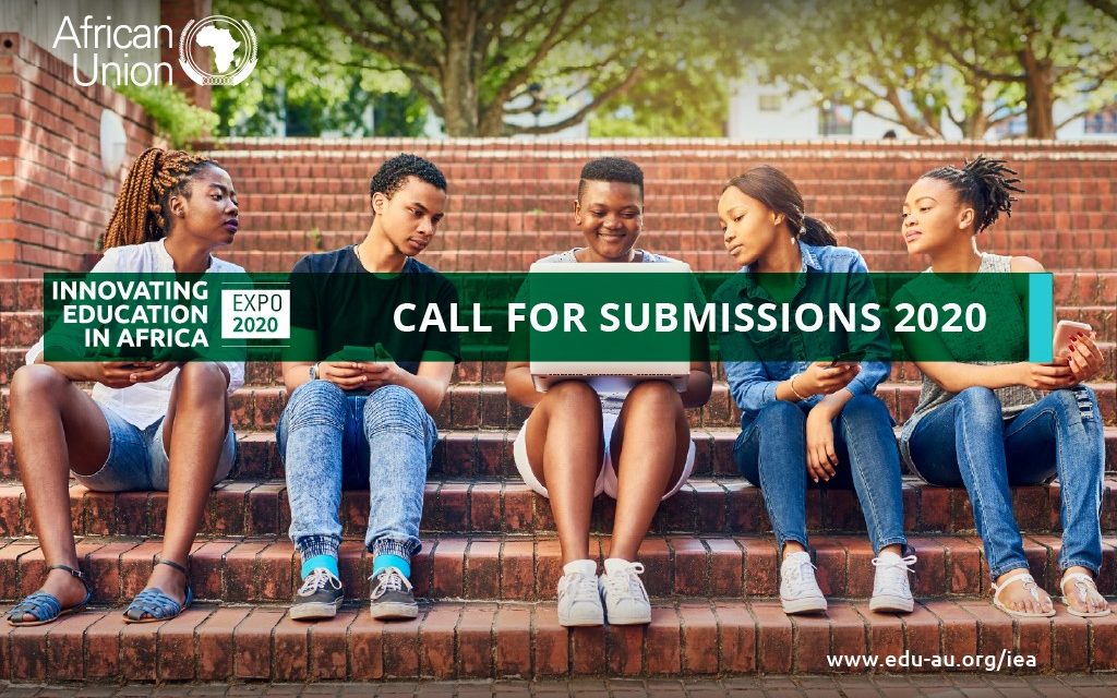 Innovating Education in Africa Expo 2020 - Call for Submissions 2020 text over image of five students looking at a laptop stilling on steps