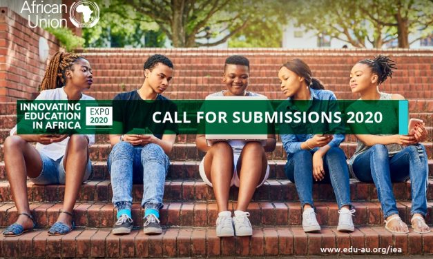 Innovating Education in Africa Expo 2020 - Call for Submissions 2020 text over image of five students looking at a laptop stilling on steps