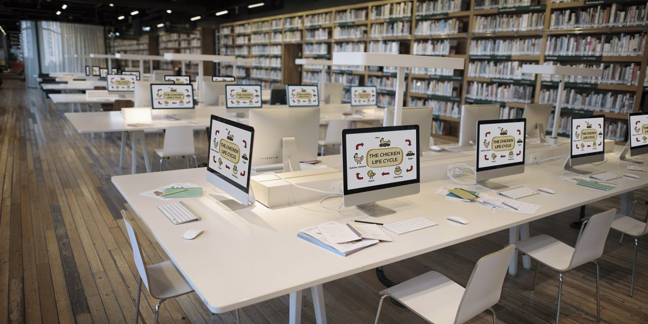 Computer screens as learning stations set up in library setting