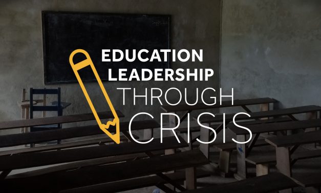 Education Leadership through Crisis text of background of an empty classroom