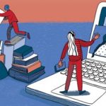 cartoon image of teachers rushing between computers , books and letters. Images on computer - people with masks