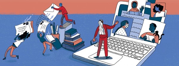 cartoon image of teachers rushing between computers , books and letters. Images on computer - people with masks