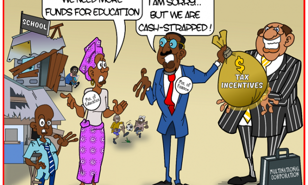 Cartoon depicting African Minister of Educatuion telling her Fiinance Minister that she needs more funds for education. The Finance Minister is telling her that they are cash strapped while taking a money bag labelled $tax incentives from a white man in suit with a brief case labelled Multinational Corporation