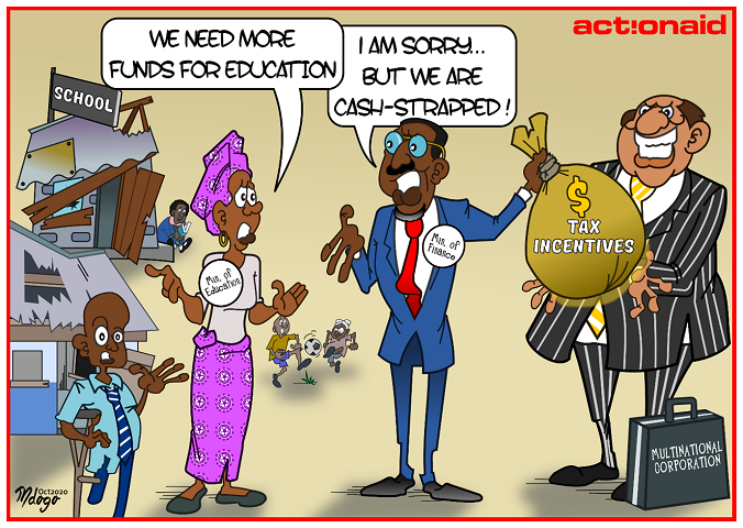Cartoon depicting African Minister of Educatuion telling her Fiinance Minister that she needs more funds for education. The Finance Minister is telling her that they are cash strapped while taking a money bag labelled $tax incentives from a white man in suit with a brief case labelled Multinational Corporation