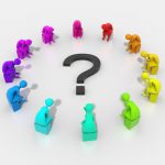 Question mark with coloured thinkers