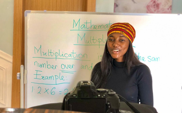 Teach For Nigeria teacher Precious Adegunle recording a math lesson at home for her students