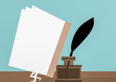 illustration of a quill pen with ink and and book